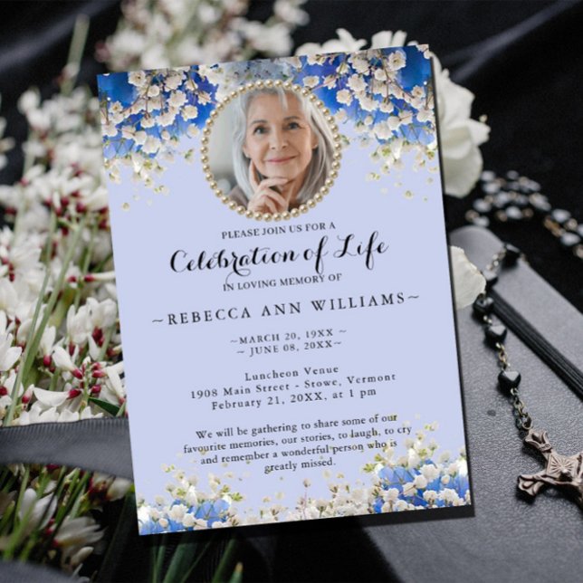 Elegant Blue Floral Celebration of Life Invitation (Creator Uploaded)