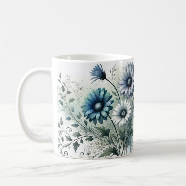 Elegant Blue Floral Ceramic Coffee Mug (Left)