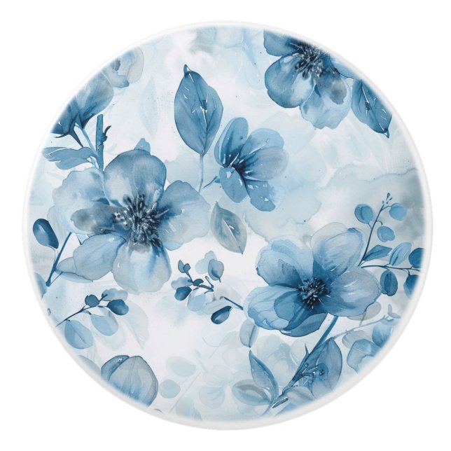 Elegant Blue Floral Ceramic Knob (Front)