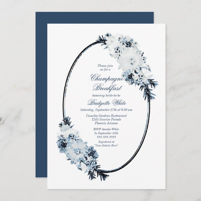 Elegant Blue Floral Champagne Breakfast Invitation (Front/Back)