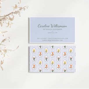 Elegant Blue Floral Chic Script Interior Designer Business Card