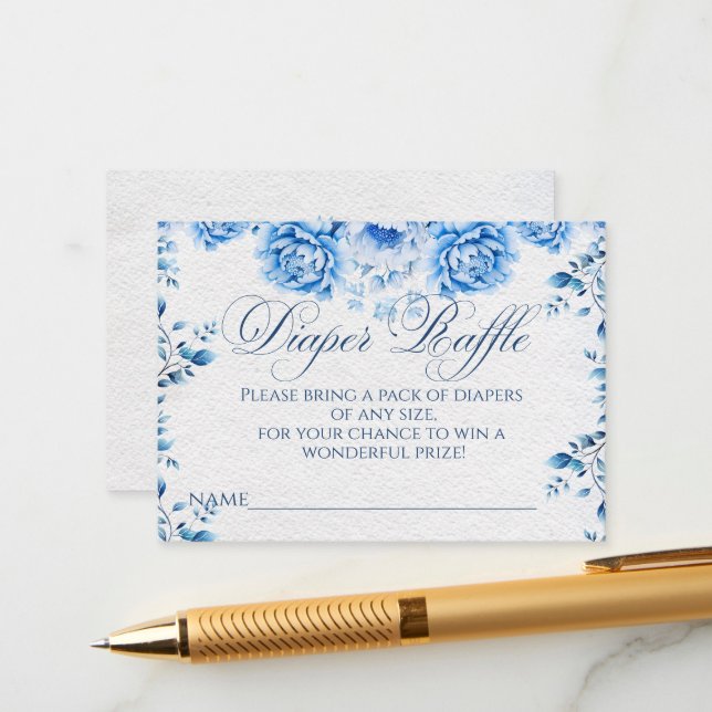 Elegant Blue Floral Chic Toile Diaper Raffle Game Enclosure Card (Front/Back In Situ)