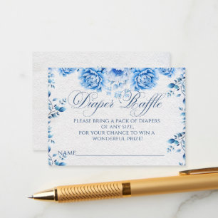 Elegant Blue Floral Chic Toile Diaper Raffle Game Enclosure Card