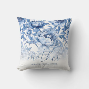 Elegant Blue Floral Children's Names Script Mother Cushion