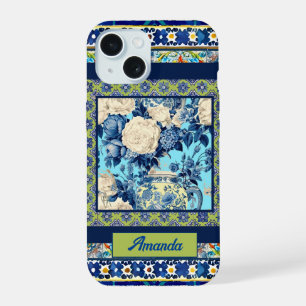 Elegant Blue Floral Chinoiserie Monogram iPhone 15 Case