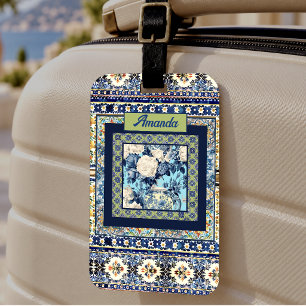 Elegant Blue Floral Chinoiserie Tile Monogram Gift Tags
