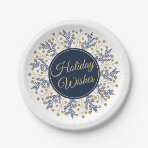 Elegant Blue Floral Christmas Holiday Wishes Paper Plate