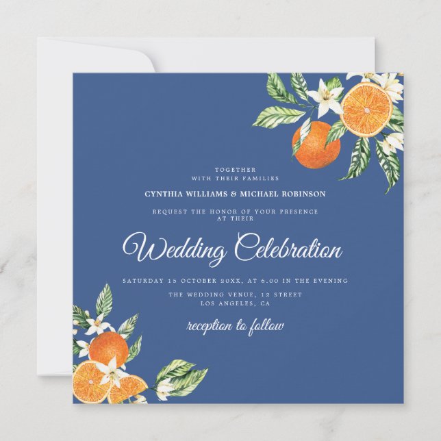 elegant blue floral citrus wedding invitation (Front)