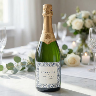 Elegant blue floral classic wedding sparkling wine label
