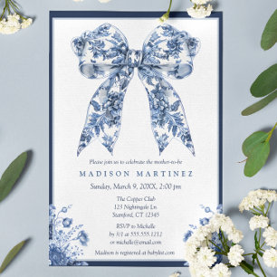 Elegant Blue Floral Coquette Bow Boy Baby Shower Invitation
