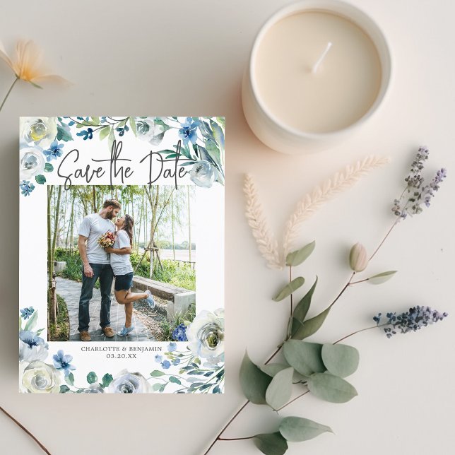 Elegant Blue Floral Couple Photo Save the Date Invitation Postcard (Creator Uploaded)