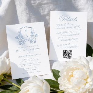 Elegant Blue Floral Crest All in One Wedding Invitation