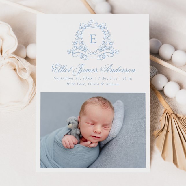 Elegant Blue Floral Crest Monogram 4 Photo Birth Announcement (Creator Uploaded)