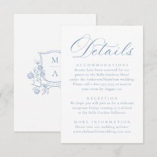 Elegant Blue Floral Crest Monogram Wedding Details Enclosure Card