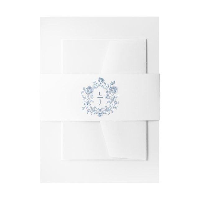 Elegant Blue Floral Crest Monogram Wedding Invite Invitation Belly Band (Front Example)