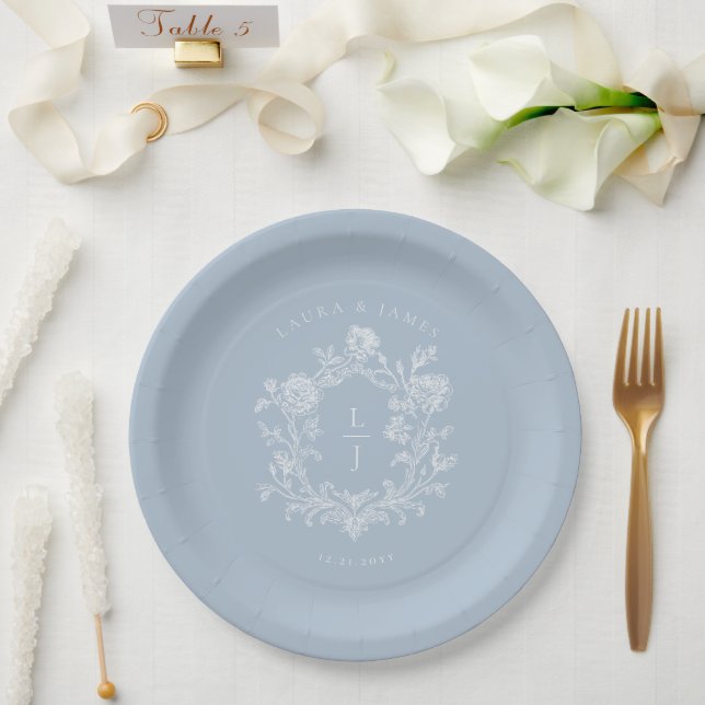 Elegant Blue Floral Crest Monogram Wedding Paper Plate (Wedding)