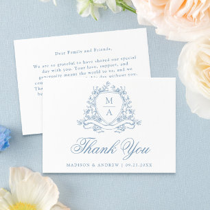 Elegant Blue Floral Crest Monogram Wedding Thank You Card