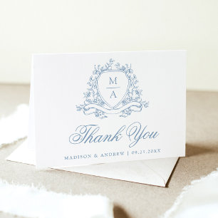 Elegant Blue Floral Crest Monogram Wedding Thank You Card