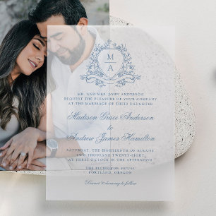 Elegant Blue Floral Crest Monogram Wedding Vellum Invitations