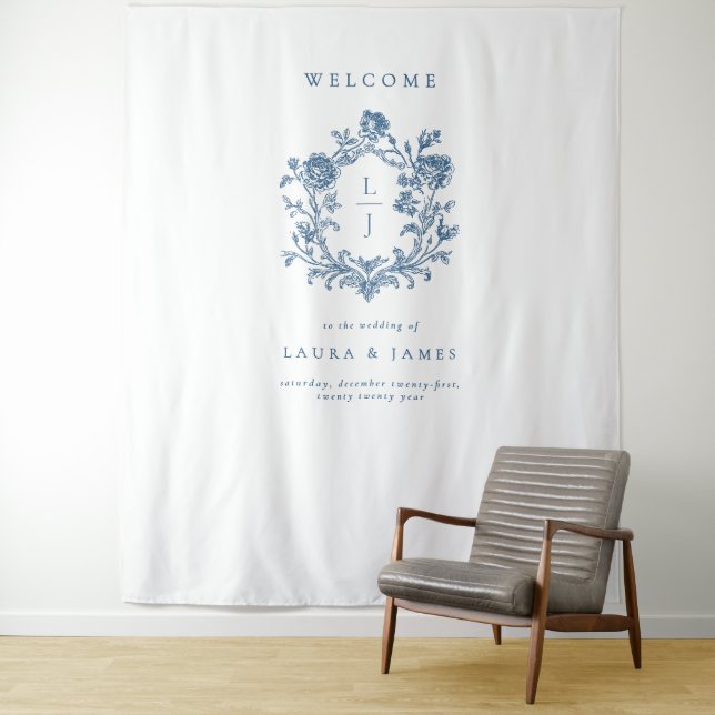 Elegant Blue Floral Crest Monogram Wedding Welcome Tapestry (In Situ)