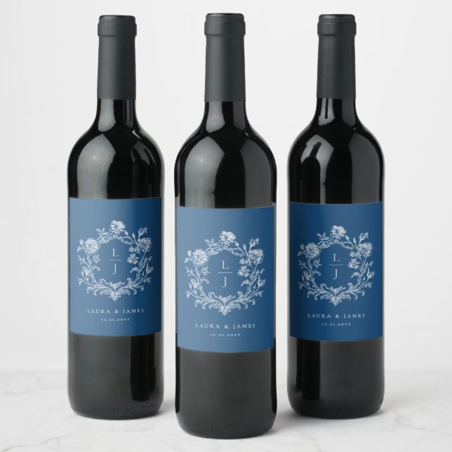 Elegant Blue Floral Crest Monogram Wedding Wine Label (Bottles)
