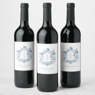 Elegant Blue Floral Crest Monogram Wedding Wine Label