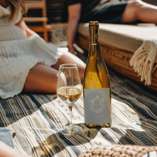 Elegant Blue Floral Crest Monogram Wedding Wine Label