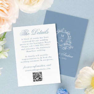 Elegant Blue Floral Crest Wedding Details Enclosure Card