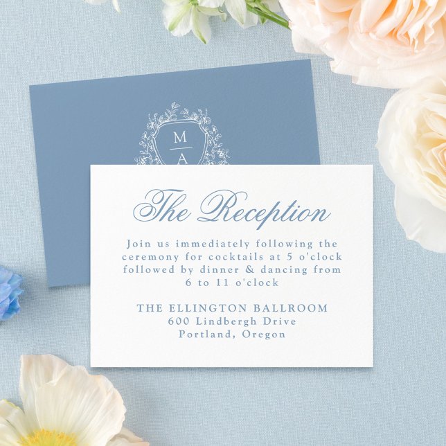 Elegant Blue Floral Crest Wedding Reception Enclosure Card (Creator Uploaded)