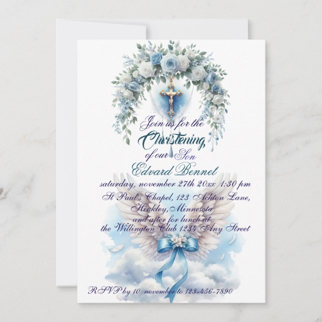 Elegant Blue Floral Cross Baptism  Invitation (Front)