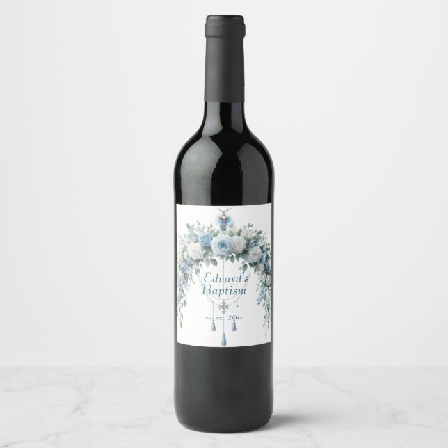 Elegant Blue Floral Cross Baptism Wine Label (Front)