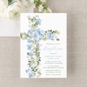 Elegant Blue Floral Cross Boy Baptism Invitation