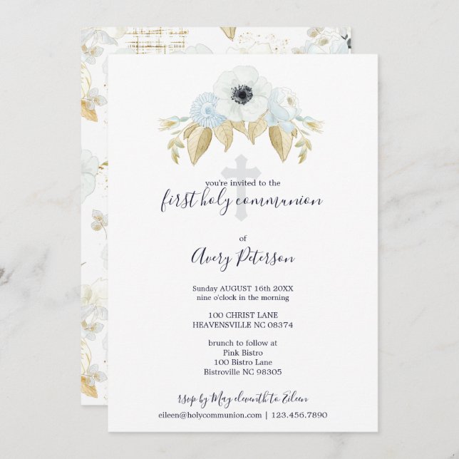 Elegant Blue Floral Cross First Holy Communion Invitation (Front/Back)