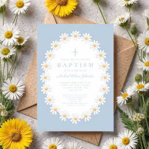 Elegant Blue Floral Daisies Boy Baptism Invitation