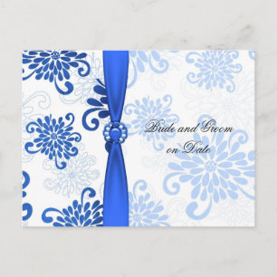Elegant Blue Floral Damask Ribbon Save date card