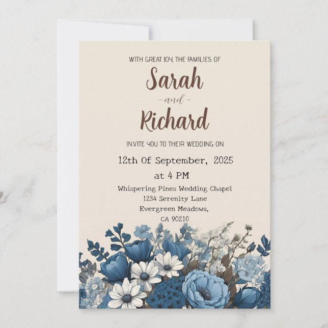 Elegant Blue Floral Design with Cream Background  Invitation (Front)