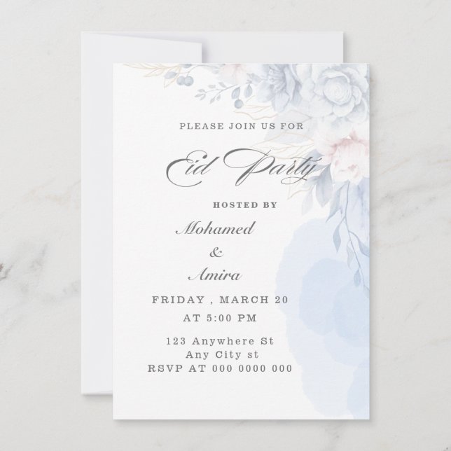 Elegant Blue Floral Eid Party Invitation (Back)