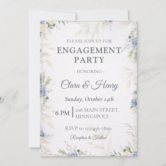 Elegant Blue Floral Engagement Party Invitation (Front)