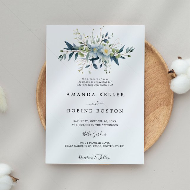 Elegant Blue Floral & Eucalyptus Wedding Invitation (Creator Uploaded)
