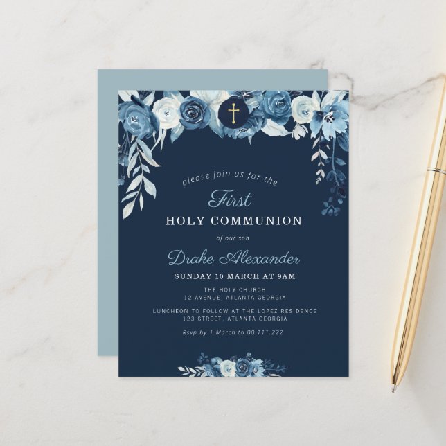 Elegant blue floral first communion invitation (Front/Back In Situ)