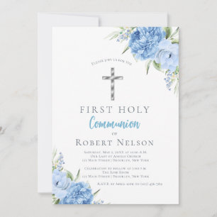 Elegant Blue Floral First Holy Communion Invitation
