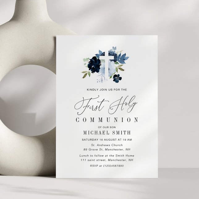 elegant blue floral first holy communion invitation (Creator Uploaded)