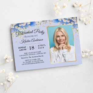 Elegant Blue Floral Floral Photo Retirement Party Invitation