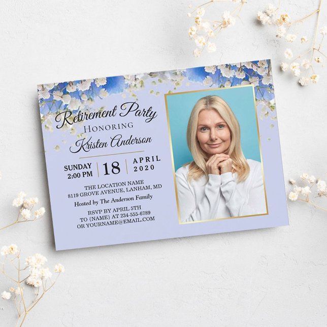 Elegant Blue Floral Floral Photo Retirement Party Invitation (Creator Uploaded)