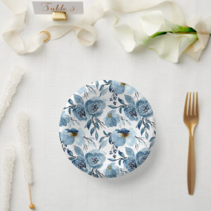 Elegant Blue Floral Foliage and White Party Paper Plate