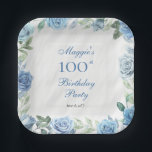 Elegant Blue Floral Frame 100th Birthday Party Paper Plate<br><div class="desc">Elegant blue and white with dusky sage green greenery floral frame birthday party celebration design.</div>