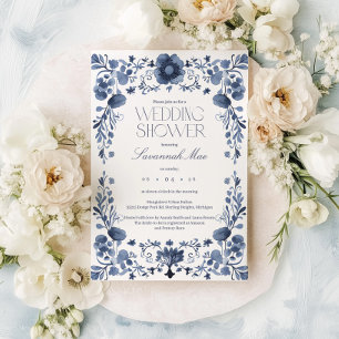 Elegant Blue Floral Frame Bridal Shower Invitation