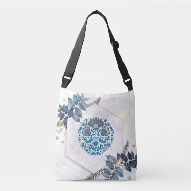 Elegant Blue Floral Frame Crossbody Bag (Front)