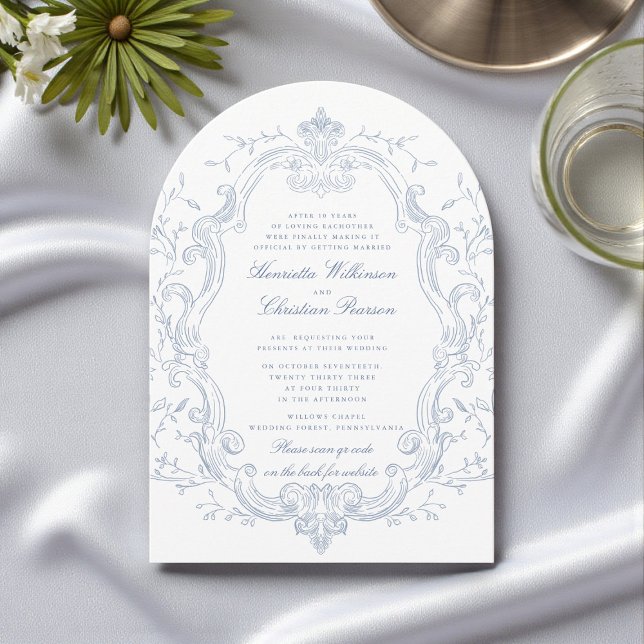 Elegant Blue Floral Frame QR Code Wedding Invitation (Creator Uploaded)
