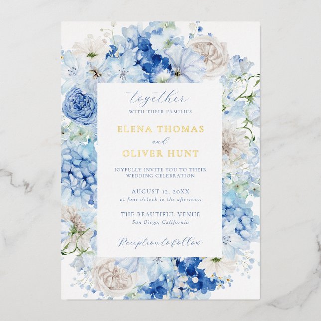 Elegant Blue Floral Frame Wedding (Front)